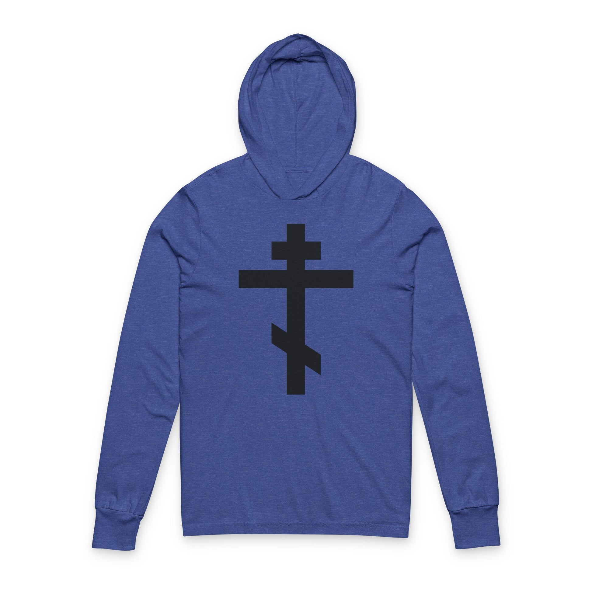 Heather True Royal hooded cotton shirt featuring a bold black Orthodox cross and the quote "May I never boast, except in the cross of our Lord Jesus Christ" (Gal 6:14), inspired by Eastern Christian tradition.