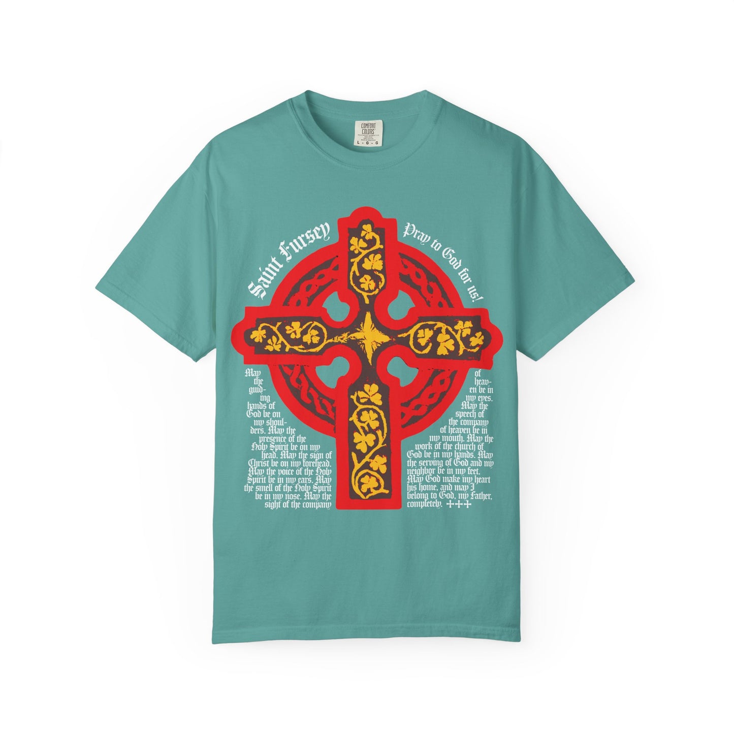 Seafoam heavyweight cotton tee featuring a bold red and yellow Celtic cross with "Lorica Shield Prayer of St Fursey" and Irish Orthodox motifs on the front.