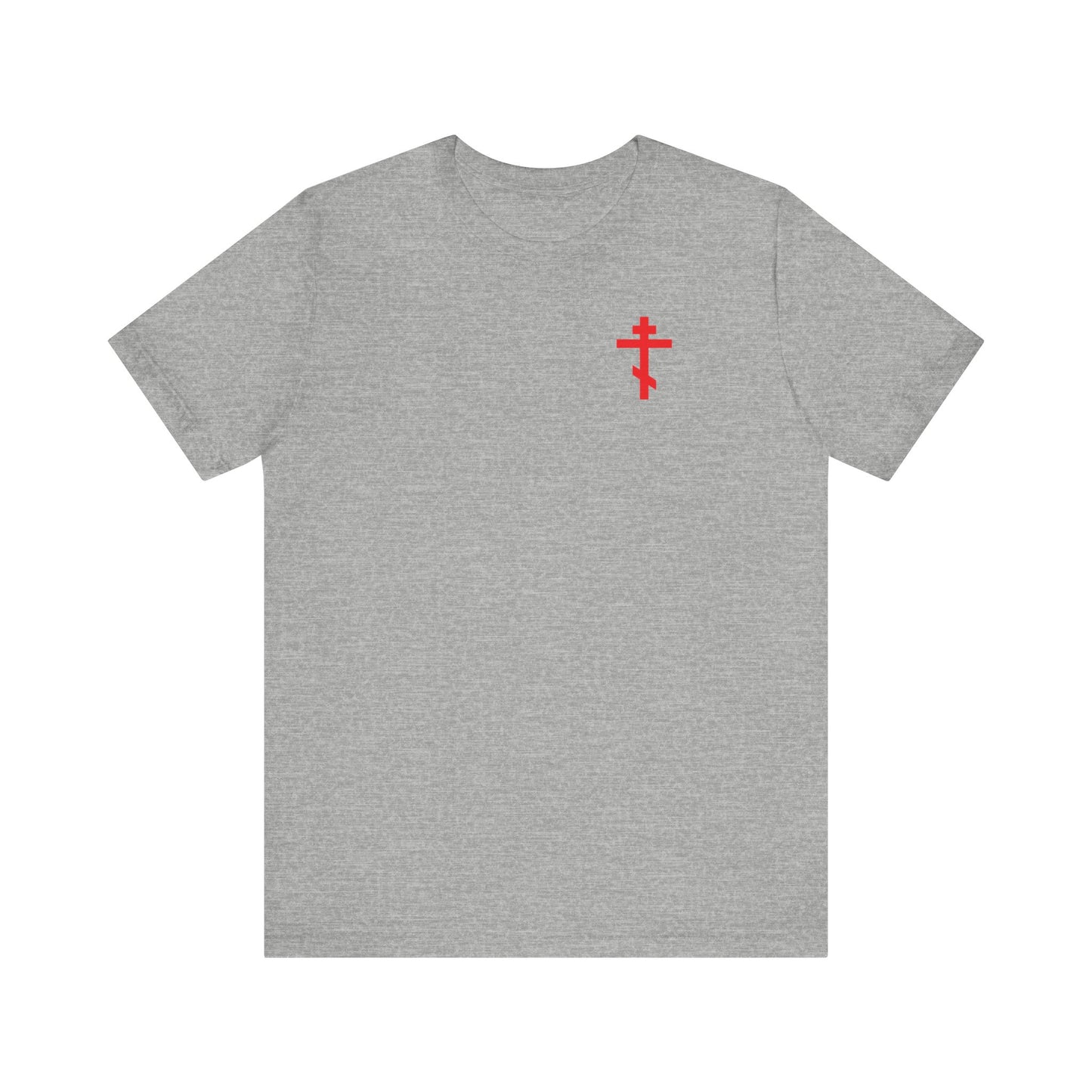Athletic Heather Orthodox tee with a red cross on the front left chest, inspired by St John Climacus and the remembrance of death, featuring "Always Live In Remembrance of Death" crown of thorns design on the back.