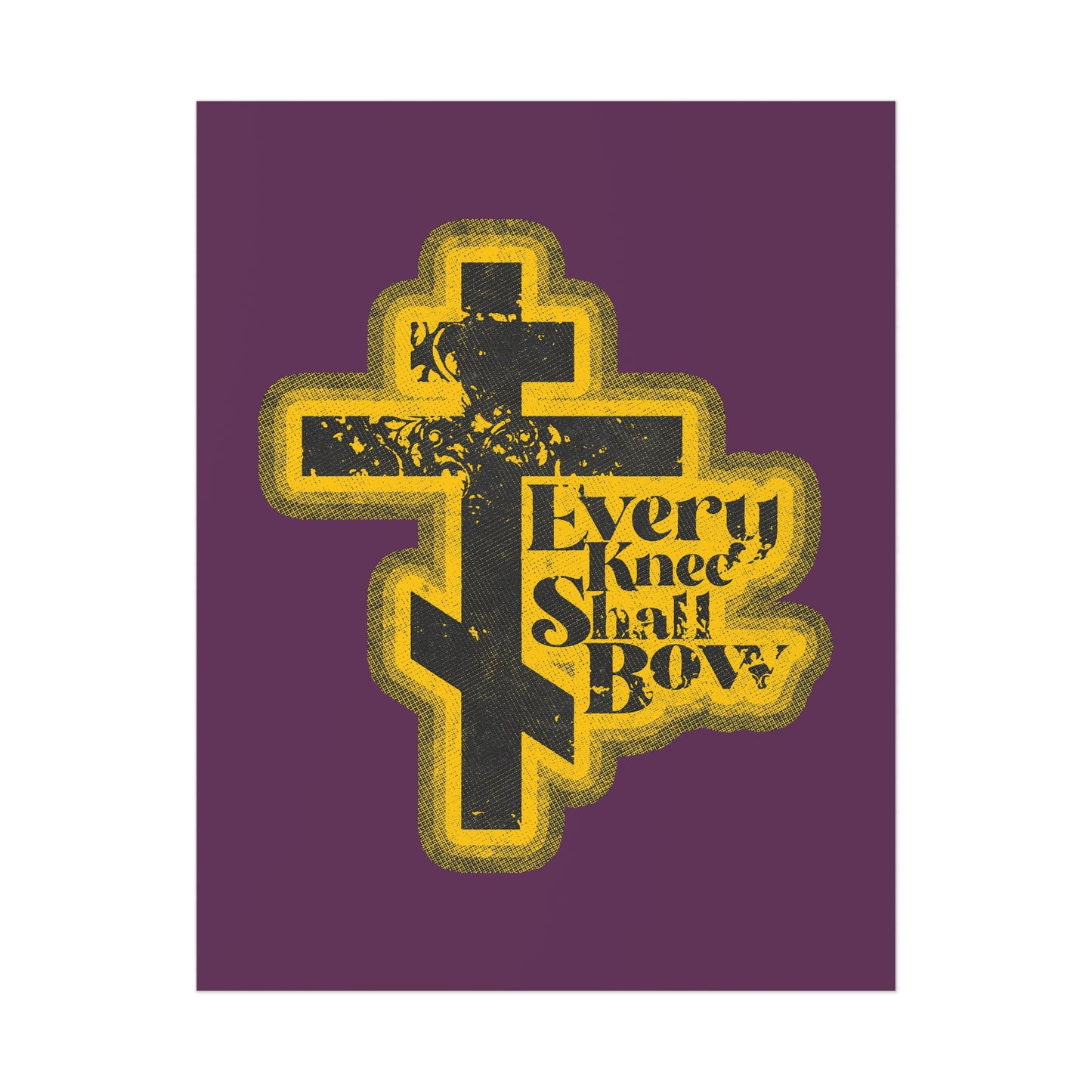A yellow and black Eastern Orthodox cross with "Every knee shall bow" (Philippians 2:10-11, Isaiah 45:23) in a 70s distressed halftone comic book style on purple—Orthodox Christian art poster.