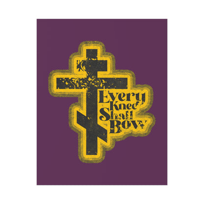 A yellow and black Eastern Orthodox cross with "Every knee shall bow" (Philippians 2:10-11, Isaiah 45:23) in a 70s distressed halftone comic book style on purple—Orthodox Christian art poster.