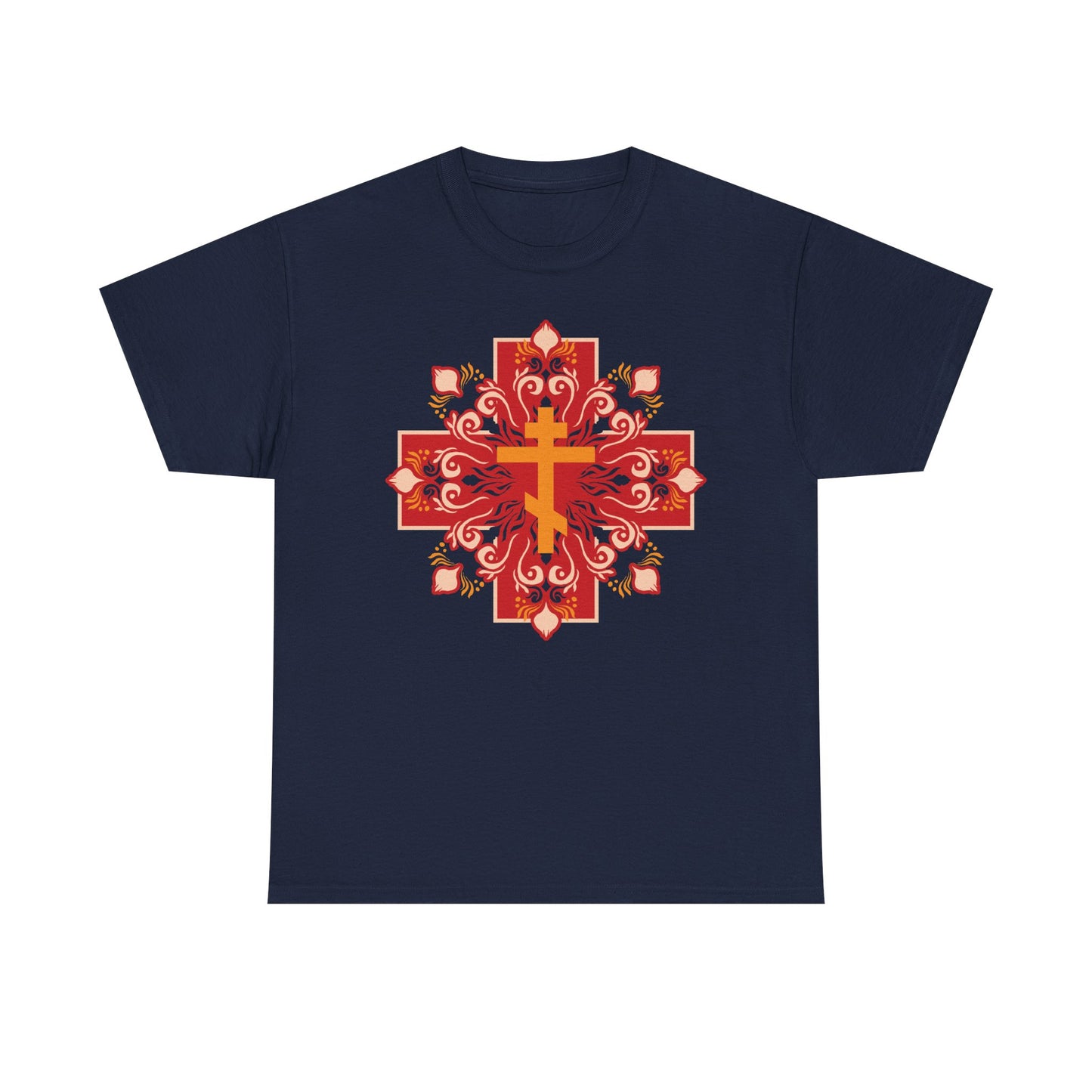 Navy Orange & Red Orthodox Cross T-Shirt features festive floral design and “By His Wounds You Have Been Healed” (1 Peter 2:24) message. Heavy cotton, Orthodox Christian apparel.