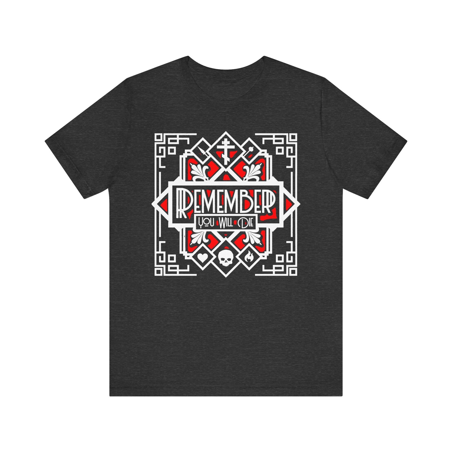 Dark Grey Heather lightweight cotton t-shirt featuring a red and white Art Deco geometric design with the words "Remember You Will Die" above a heart-shaped skull with fire—a subtle nod to the Orthodox Christian tradition of memento mori, inspired by spiritual teachings such as those of St Ignatius Brianchaninov.