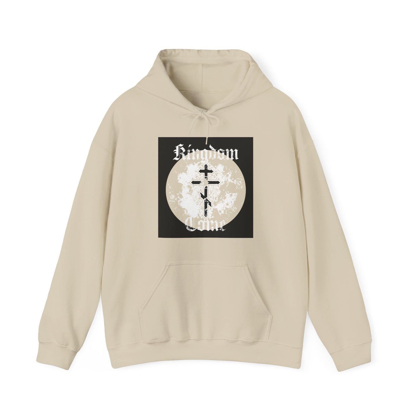 Sand hoodie with an Orthodox cross and vine graphic over a full moon, plus "Kingdom" and "Thy Kingdom come" in textured Gothic font. Inspired by the Lord’s Prayer—Orthodox Christian design.