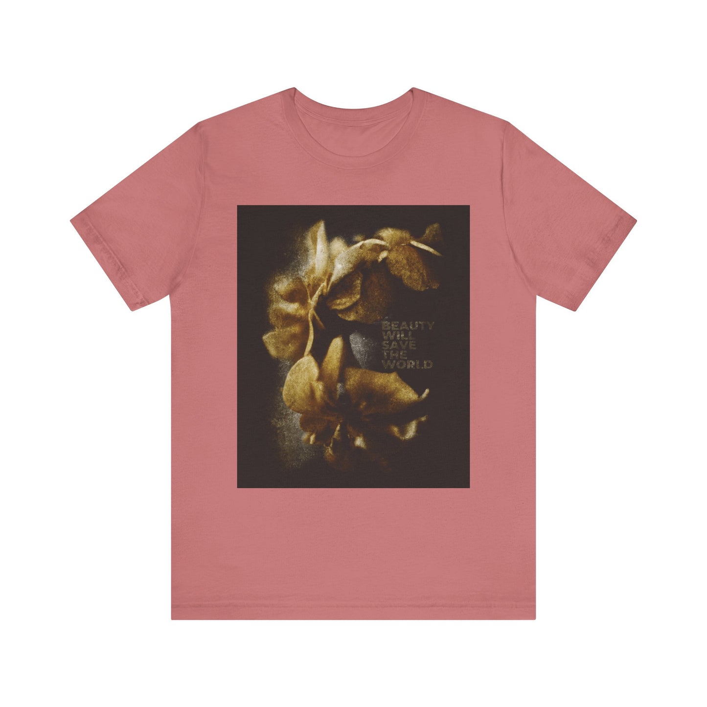 Mauve lightweight cotton unisex tee featuring photographic artwork with "Beauty Will Save the World" in yellow on the front, glorifying Jesus Christ as Universal Creator & King. Inspired by Dostoevsky.