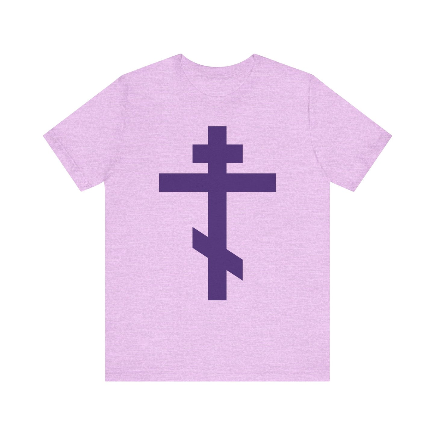 Heather Prism Lilac "Purple Orthodox Tribar Cross | Preserve Thy People By Thy Cross, O Lord | Christ is King" lightweight cotton unisex tee featuring a bold dark purple Eastern Orthodox cross inspired by the profound faith of St. John of Kronstadt and the message of the Saviour.