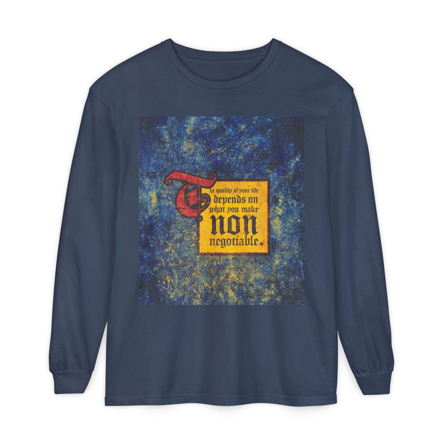 Midnight long sleeve featuring a medieval-style "Make Non-Negotiable" graphic—reminding you that the quality of your life depends on what you make non-negotiable. Uncompromising Christianity. Orthodox Christian motivational shirt.
