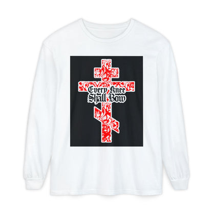 White long-sleeve shirt featuring a gold and red floral Orthodox cross with Gothic lettering, inspired by Isaiah 45:22-24 and Phil 2:7-11, declaring the lordship of Jesus Christ—Every Knee Shall Bow Christian long sleeve.