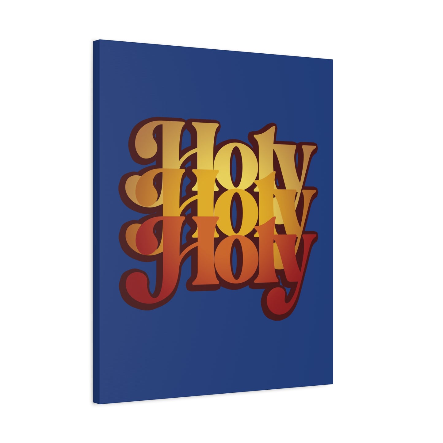 Bold 70s-style text reads "Holy Holy Holy" in orange and yellow on blue, inspired by Isaiah 6 and the Trisagion prayer. Orthodox Christian canvas wall art featuring Cherubim & Seraphim.