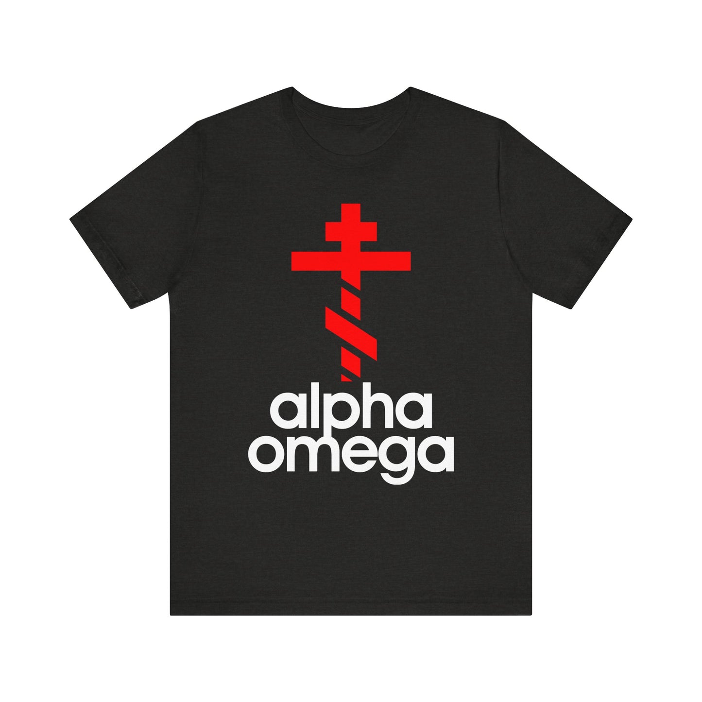 The Alpha & Omega Red Orthodox Cross Tee features a large red cross and bold white "alpha omega" text on Black Heather cotton, blending minimalist Adidas-inspired design with Orthodox symbolism. Unisex fit, lightweight comfort.