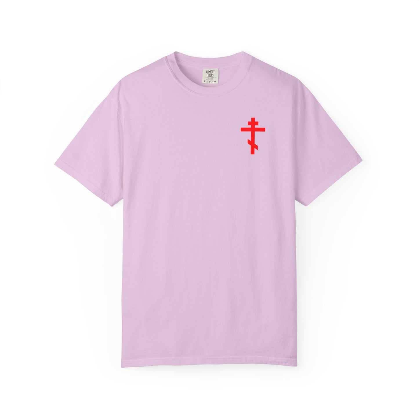 Orchid-colored heavyweight cotton unisex tee with a small red Orthodox cross on the left chest, inspired by the teachings of St John Climacus. Plain background. Product name: "Always Live In Remembrance of Death Crown of Thorns BACK w/ Red Cross on Front Left Breast.