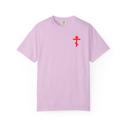 Orchid-colored heavyweight cotton unisex tee with a small red Orthodox cross on the left chest, inspired by the teachings of St John Climacus. Plain background. Product name: "Always Live In Remembrance of Death Crown of Thorns BACK w/ Red Cross on Front Left Breast.