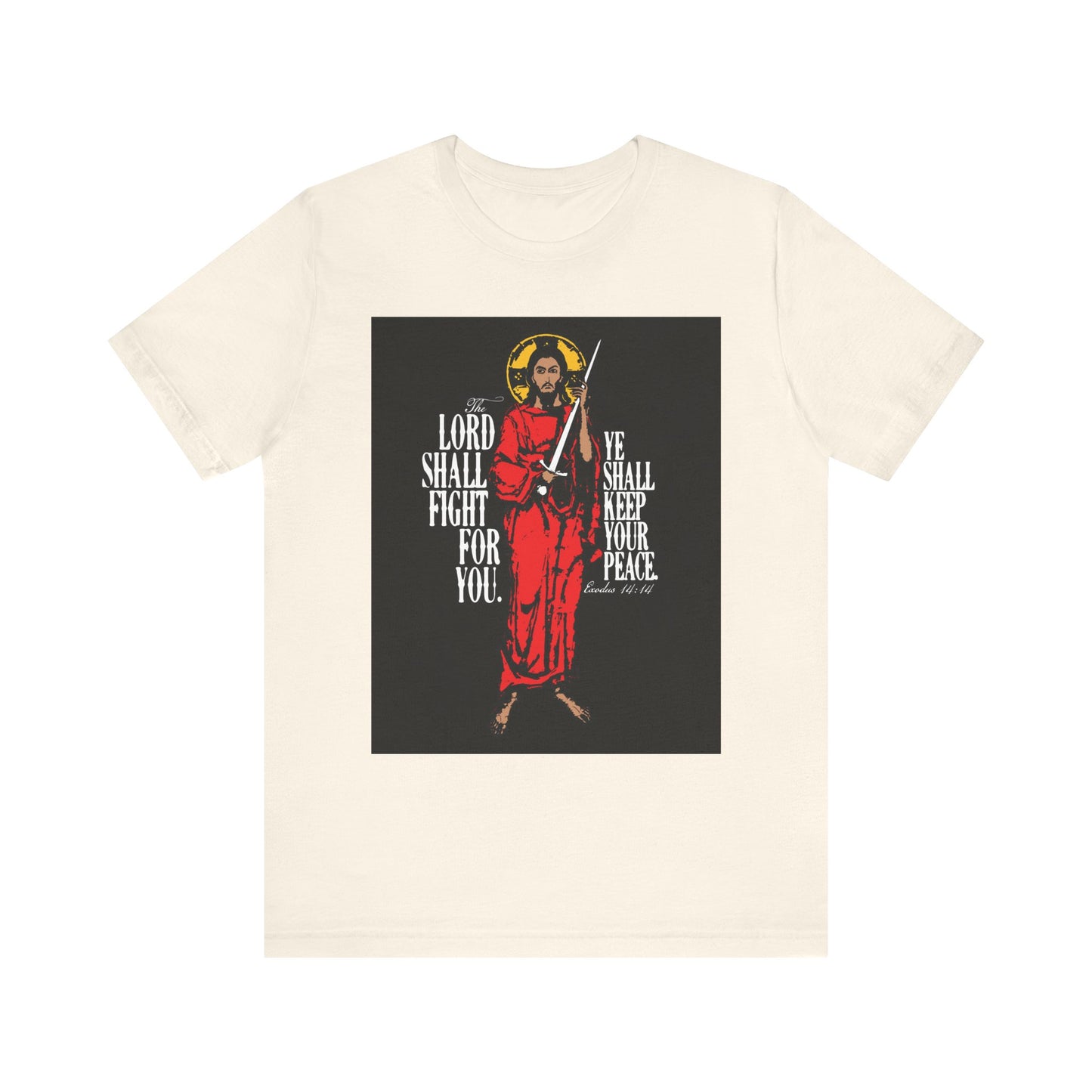 Natural unisex tee featuring a sword icon of Jesus with "The Lord Shall Fight For You" (Exodus 14:14) text. Lightweight cotton, inspired by the salvation and peace found in scripture.