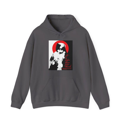 The Remembrance of Death "It's Later Than You Think" hoodie features a black and white graphic of Fr Seraphim Rose with a red halo and text: "Life is lighter than you think," reflecting Modern Orthodox memento mori themes.