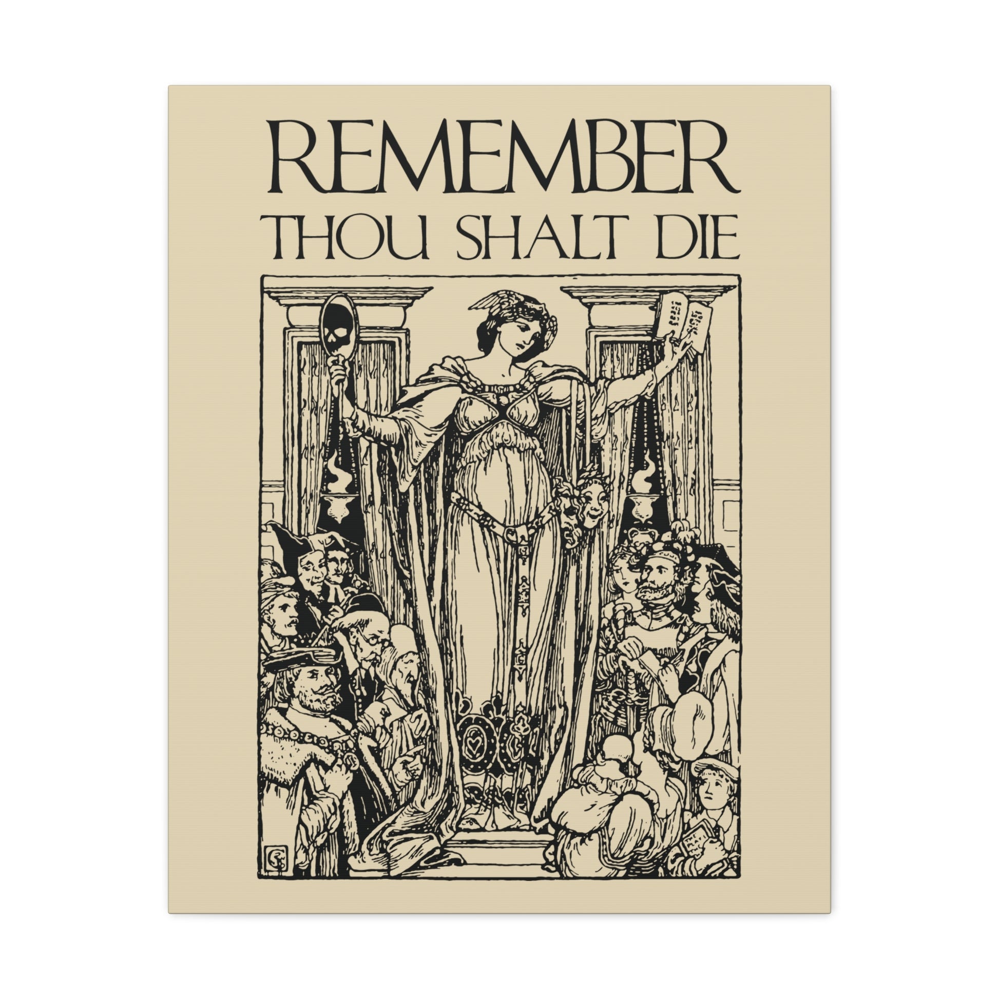 Classic woodcut illustration in a Shakespearean memento mori style, featuring "Remember You Will Die" text and Christian wall art design, echoing themes of mortality and reflection.