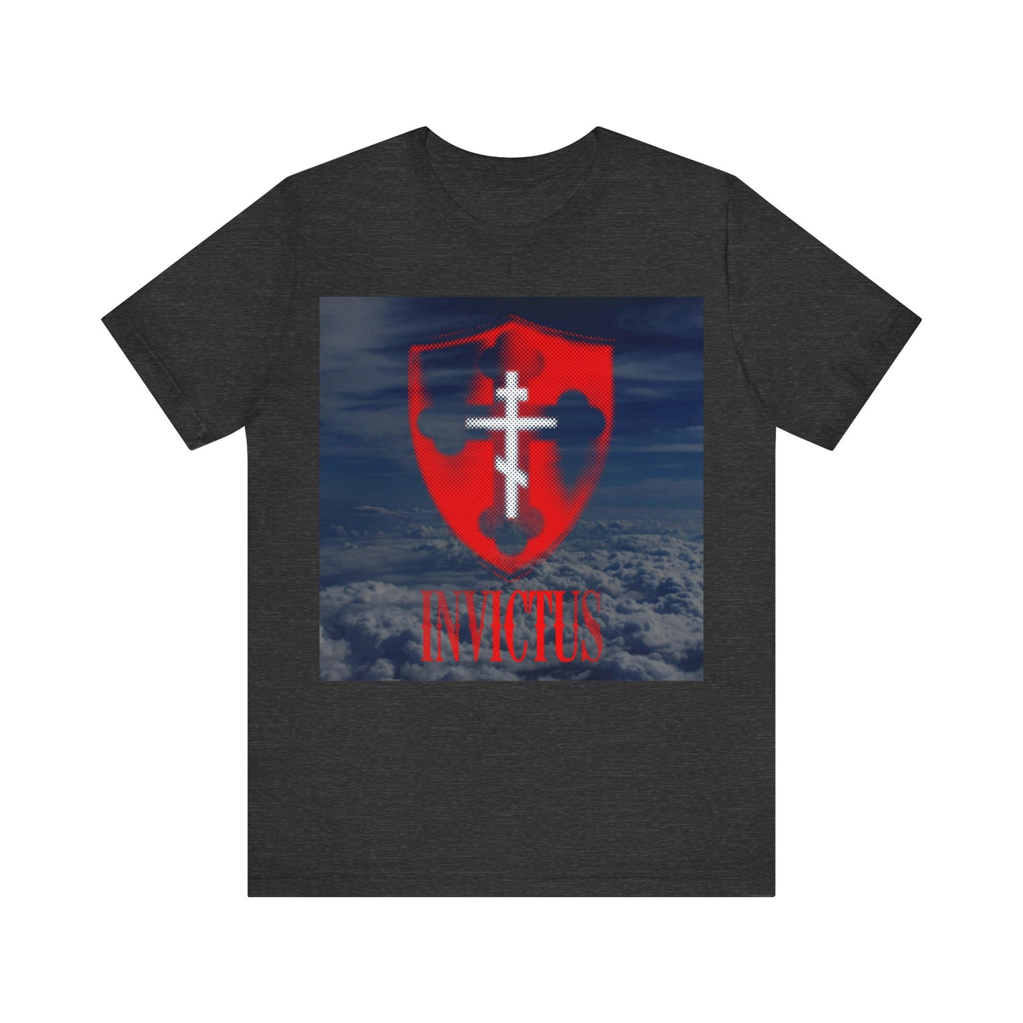 Invictus White Orthodox Cross | Glowing Red Halftone Shield | Clouds Background | Christ Unconquered | Lightweight Cotton Unisex Tee