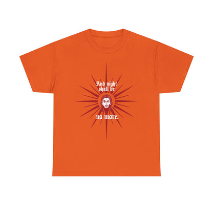 Orange "And Night Shall Be No More" t-shirt featuring a red & white Jesus Christ icon graphic and Revelation 22:5 text—a bold Orthodox Christian statement on heavy cotton.