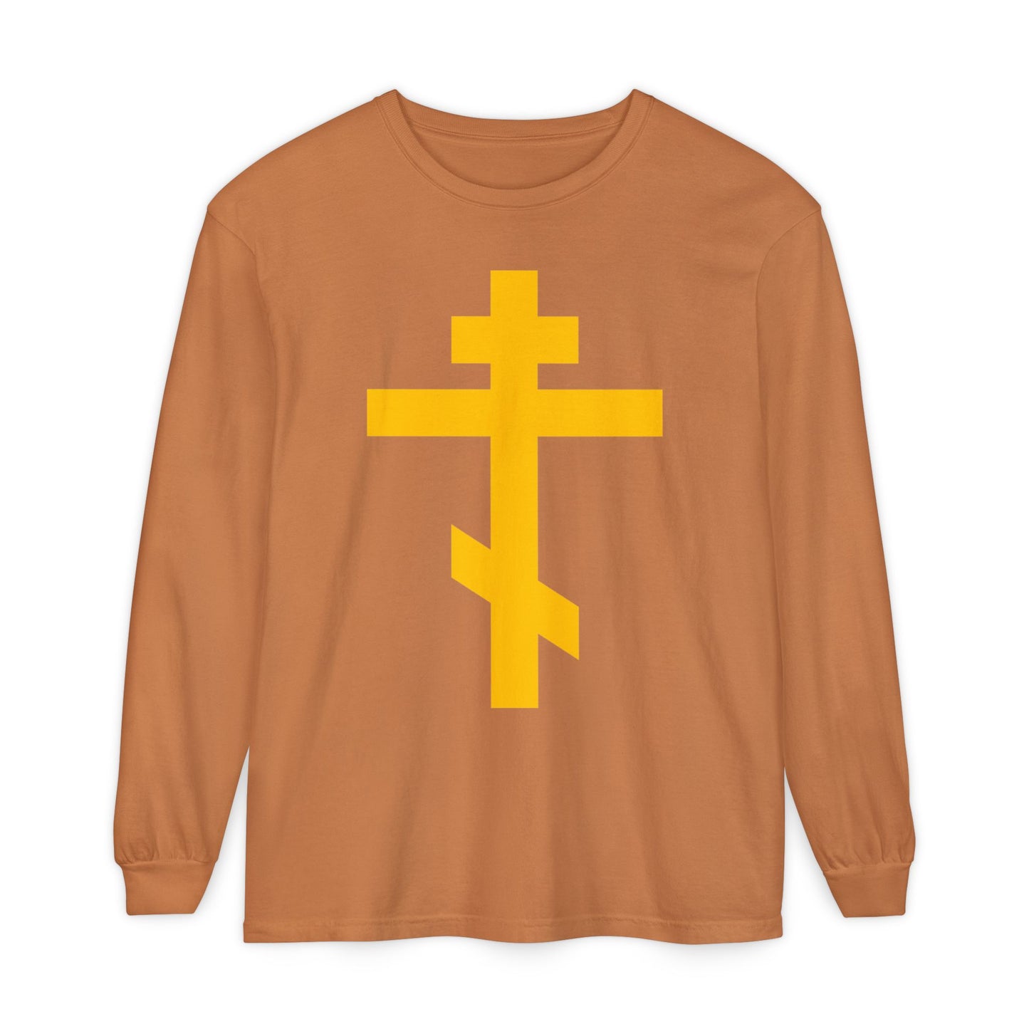 Yam long-sleeve cotton shirt featuring a large yellow Orthodox Cross on the front, inspired by Galatians 2:20. Named "Precious and Life-Giving Weapon of Unseen Warfare | Scourge of Demons." Christian apparel for bold faith.