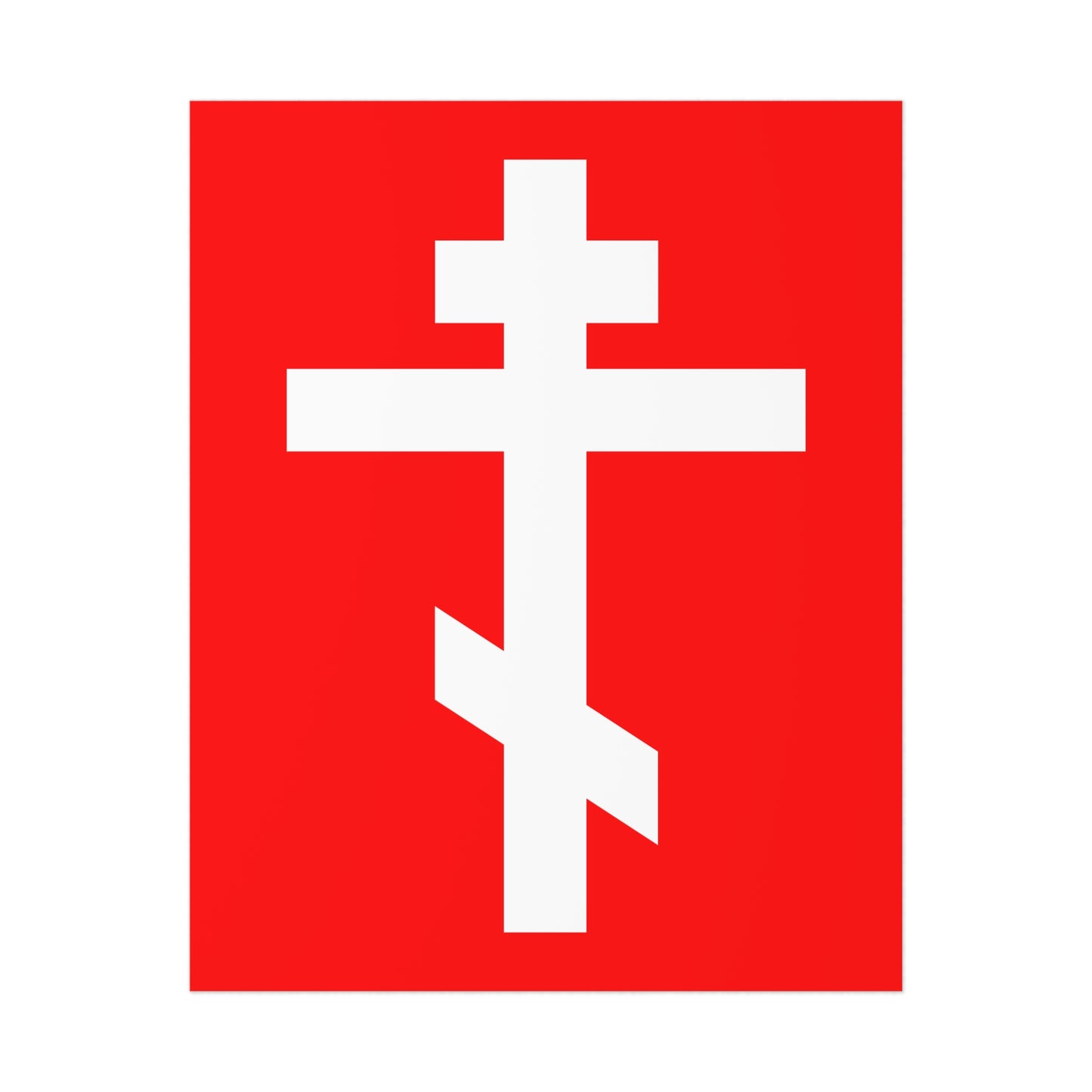 The "White Orthodox Cross Red Background" Orthodox Art Poster features a white cross on red, symbolizing Christ’s sufferings and quoting Galatians 6:14: “May I never boast, except in the cross of our Lord Jesus Christ.”.