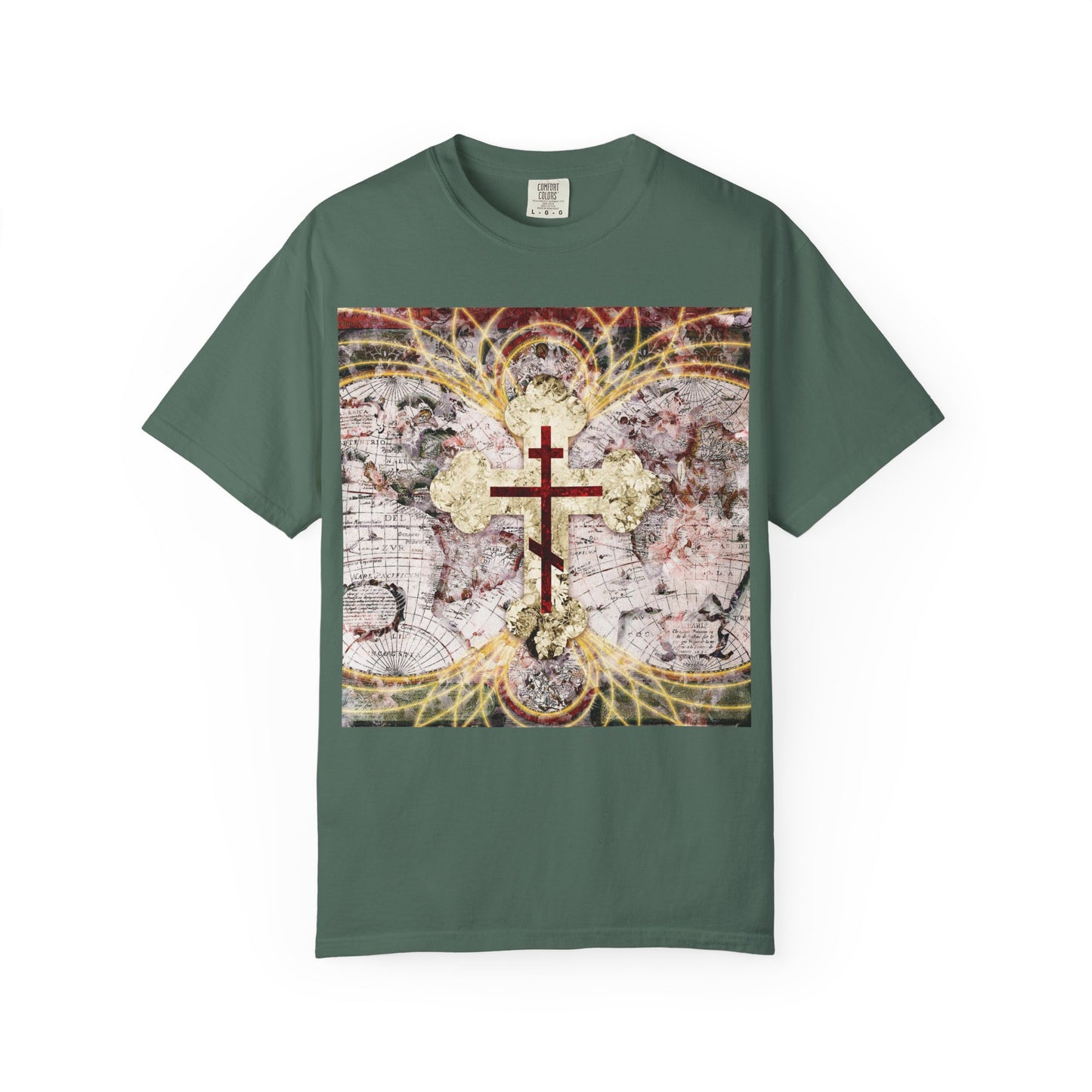 Blue spruce t-shirt featuring a red Orthodox cross on an antique map with glowing magnetic lines in the center, inspired by Revelation 1:18 referencing the keys of Death and Hades; “Conqueror of Death” heavyweight cotton unisex tee.