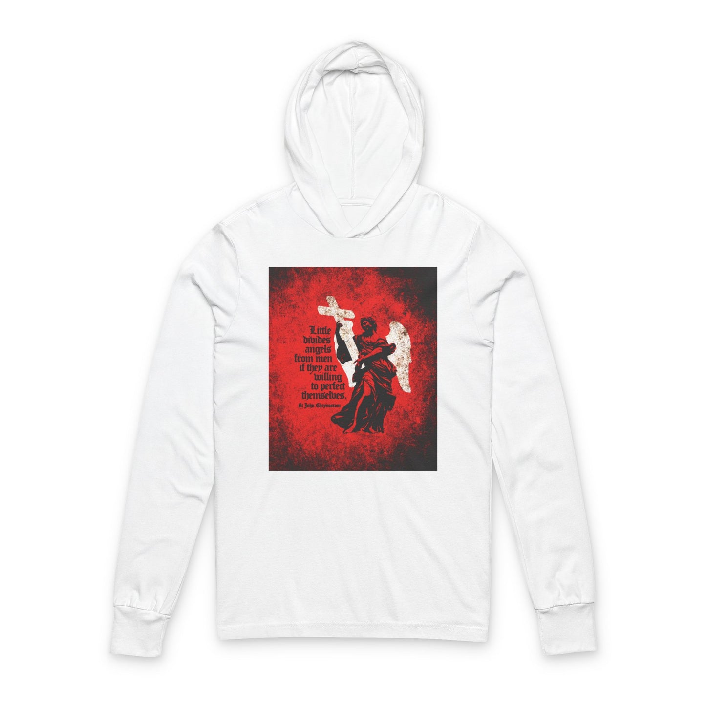 Little Divides Angels from Men | Christian Perfection | St John Chrysostom | Textured Cemetery Angel | Orthodox Long Sleeve Hooded Shirt