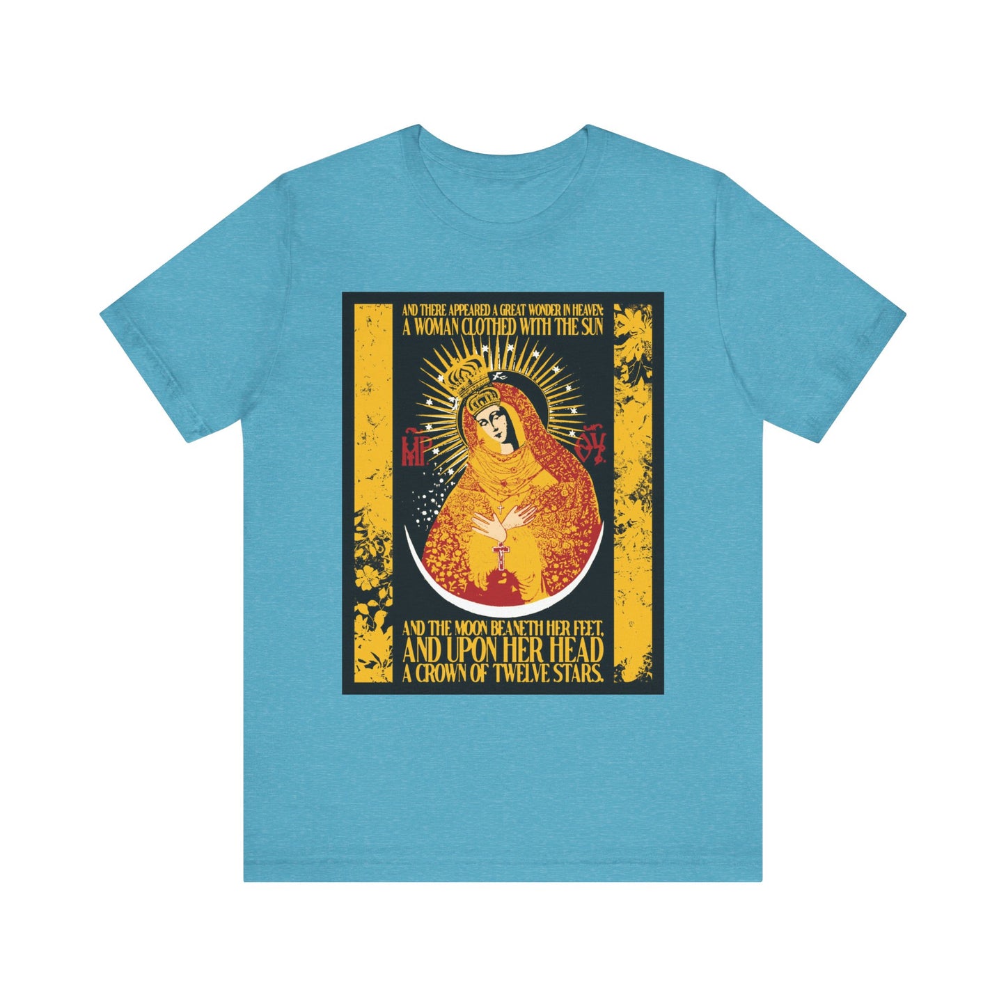 Heather Aqua t-shirt with gold floral design of Our Lady the Gate of Dawn, Woman of the Apocalypse (Rev 12:1); lightweight cotton unisex style featuring the crowned Theotokos with sun rays and text above and below.