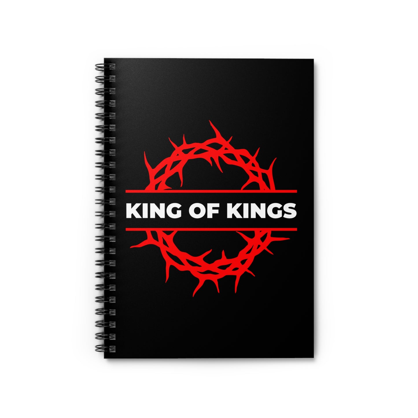 Black spiral notebook titled "King of Kings Crown of Thorns | The King of Glory | Christ is King | Revelation 19:16," featuring a red crown of thorns and bold KING OF KINGS text, inspired by Orthodox Christian faith.