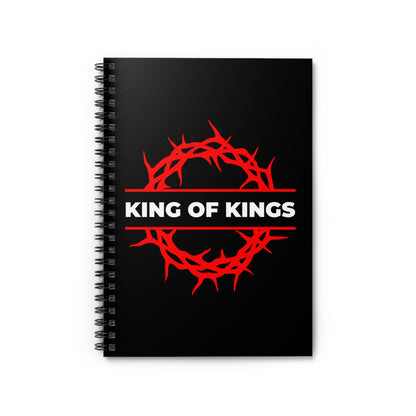 Black spiral notebook titled "King of Kings Crown of Thorns | The King of Glory | Christ is King | Revelation 19:16," featuring a red crown of thorns and bold KING OF KINGS text, inspired by Orthodox Christian faith.