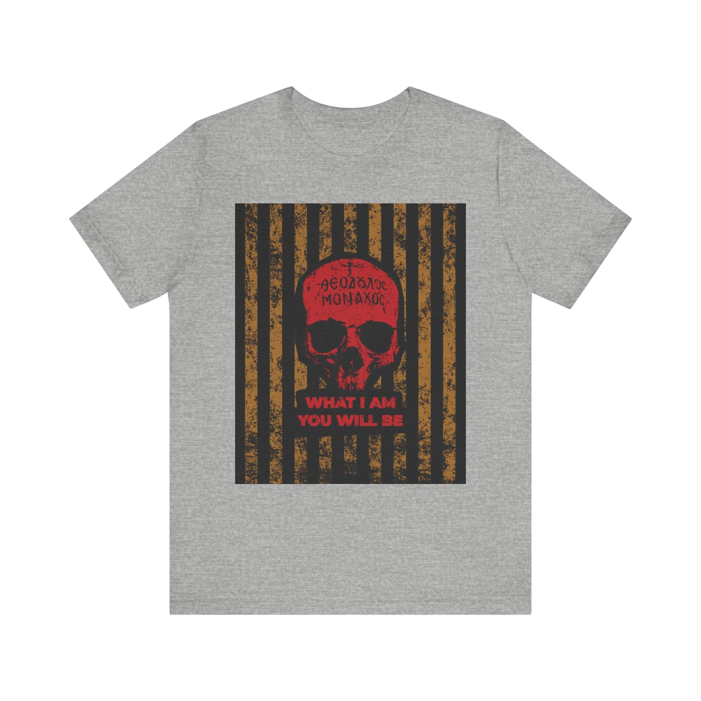 Athletic Heather unisex t-shirt featuring a red skull, Greek text, and the phrase "WHAT I AM YOU WILL BE" over black and gold stripes—a striking tribute to St. Ignatius Brianchaninov’s teachings on memento mori and spiritual reflection from the Ascetic Ethos collection.
