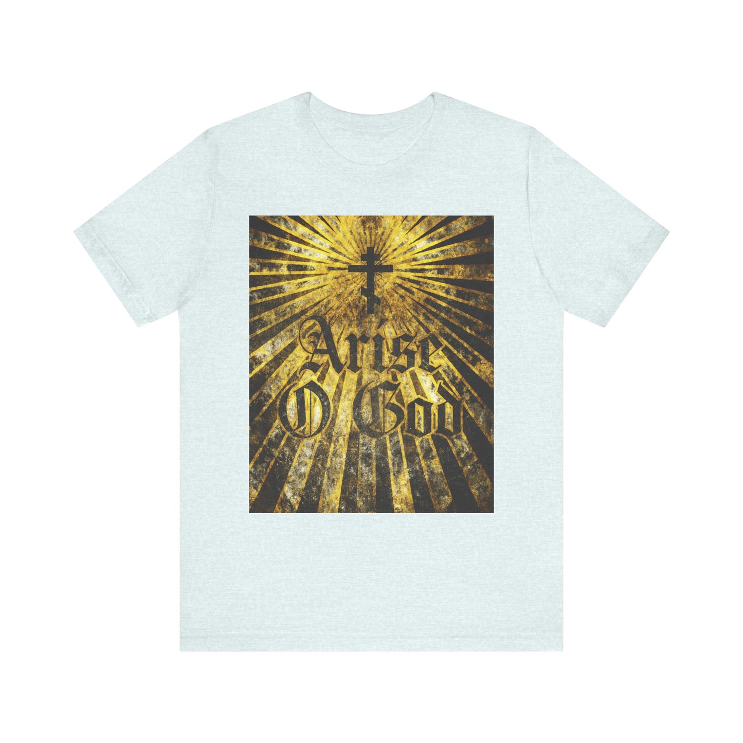 Heather Ice Blue unisex t-shirt featuring "Arise O God" in textured gothic font, an Orthodox cross, and golden rays—referencing Psalm 81 (82 LXX) and the Divine Council. Made from lightweight cotton.