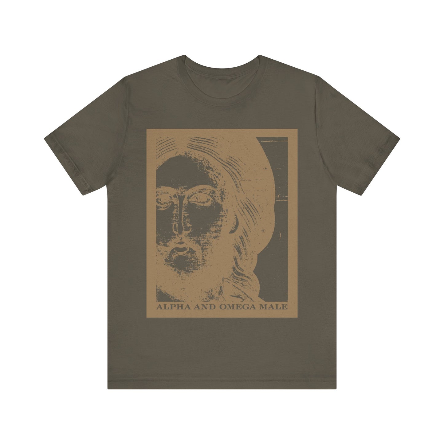 Army-colored tee featuring a gold photonegative Jesus Christ icon with "Alpha & Omega Male" text, inspired by Revelation 22’s "I am the Beginning & the End." Orthodox Christian unisex cotton shirt.