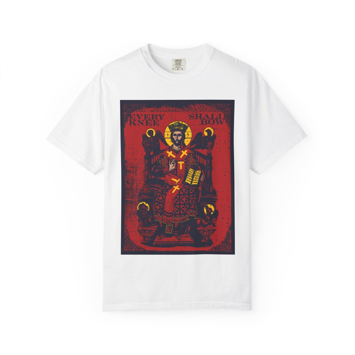 White heavyweight cotton unisex tee featuring Christ Enthroned IconoGraphic with Ezekiel's Chariot, "Every Knee Shall Bow" text, inspired by Phil 2:8-11 & Isaiah 45:23. Color: White.