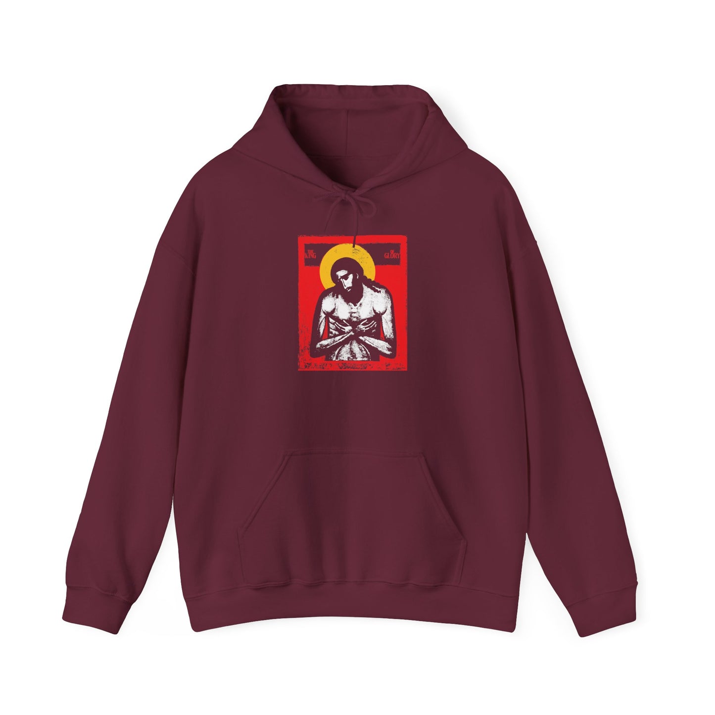 Maroon “The King of Glory Jesus Christ ‘Extreme Humility’ IconoGraphic” hoodie, featuring a devotional religious-style graphic inspired by Isaiah 53 on the chest, with bold red, yellow, white, and black accents—an expression of Christian faith highlighting the message of Jesus Christ.