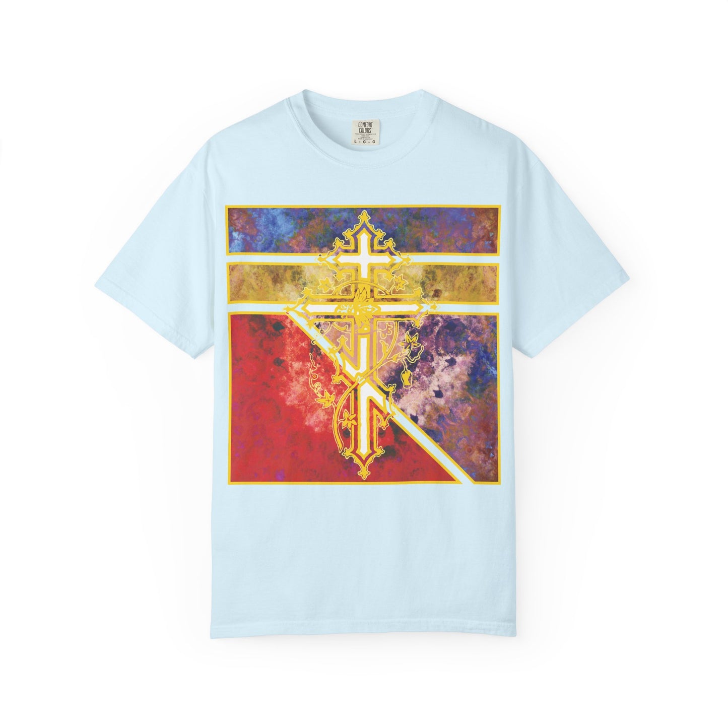 Chambray T-shirt named “Ornate Orthodox Cross with Vine and Textured Geometric Pattern | Christian Heavyweight Cotton Unisex T-Shirt,” featuring a striking life-giving Cross in ornate yellow, set on an abstract background of red, purple, and yellow—perfect inspiration for those who cherish the Prayer to the Venerable Cross, where demons perish and hope shines brightly.