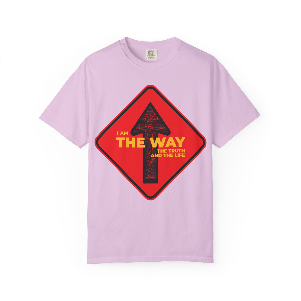 Orchid-colored heavyweight cotton unisex tee featuring a bold red “ONE WAY” street sign with an upward arrow and the message “Am the Way, the Truth and the Life,” inspired by John 14:6—Jesus as the way, the truth, and the life.