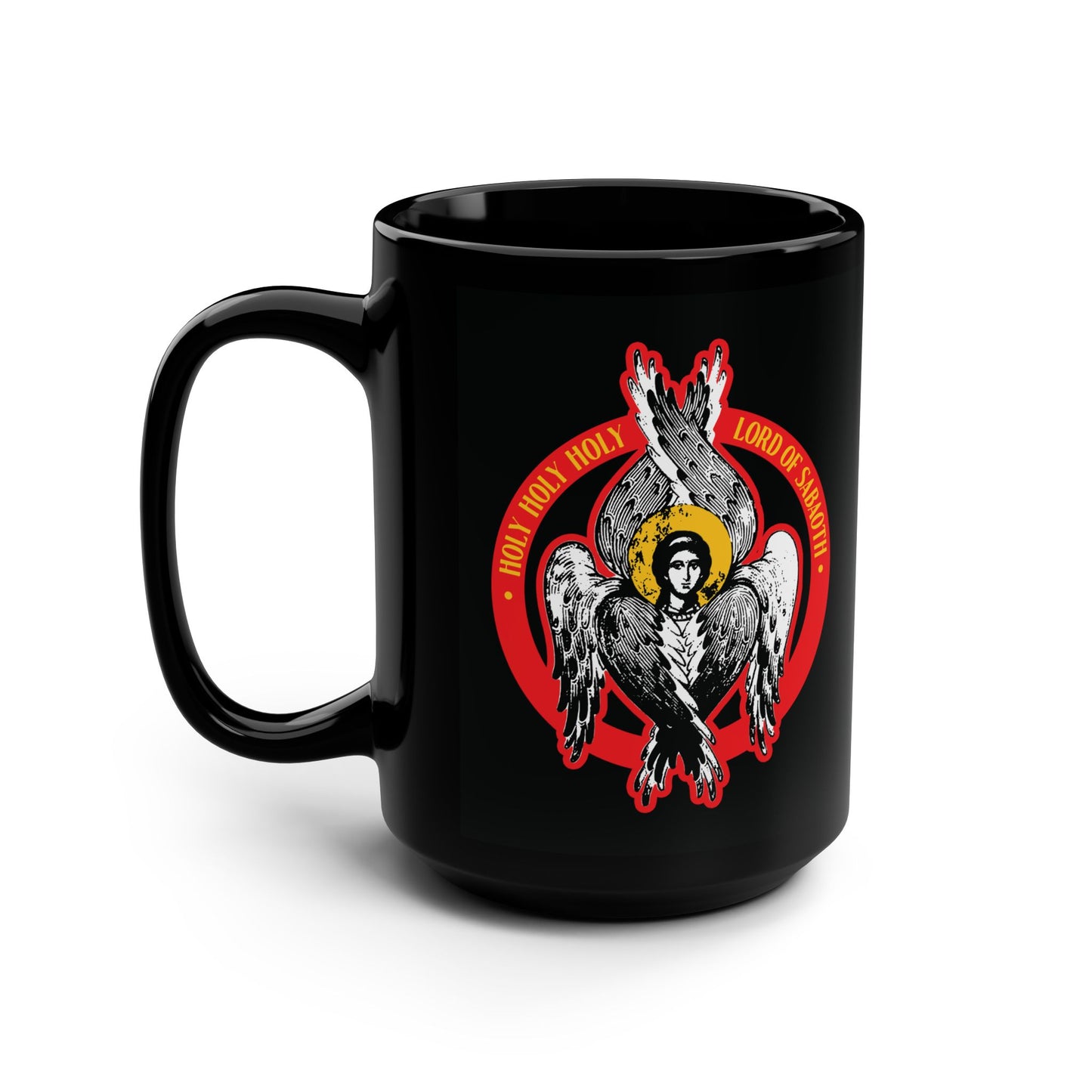 Black mug with an Orthodox seraphim angel illustration inspired by Isaiah 6 and the phrase "Holy Holy Holy, Lord of Sabaoth" in a bold red circle. Perfect for Orthodox Christians and unseen realm enthusiasts.