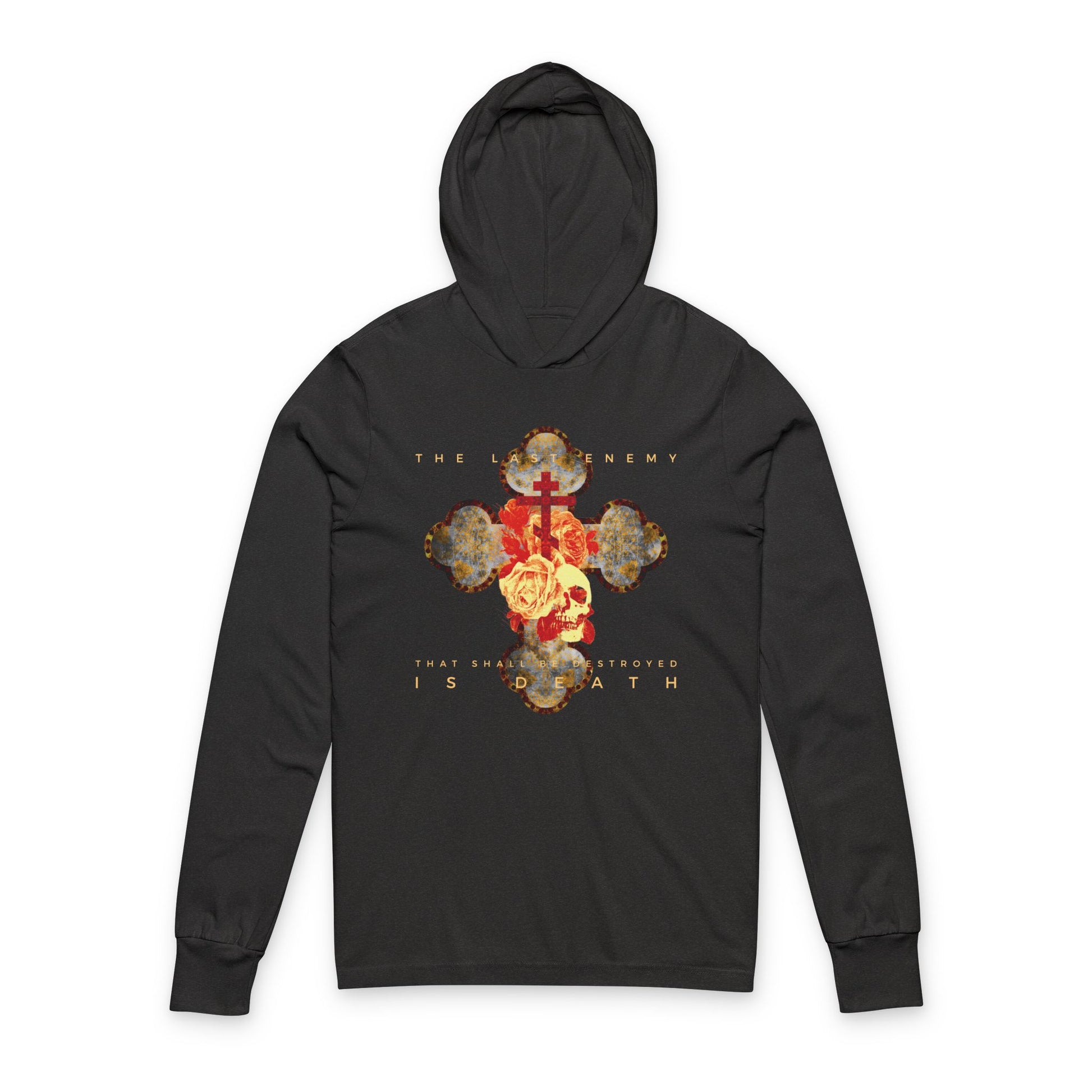 Remembrance of Death “The Final Enemy That Shall Be Destroyed Is Death (1 Cor 15:26)” black hooded shirt features a metallic gothic cross with a rose and skull, inspired by 1 Corinthians 15.