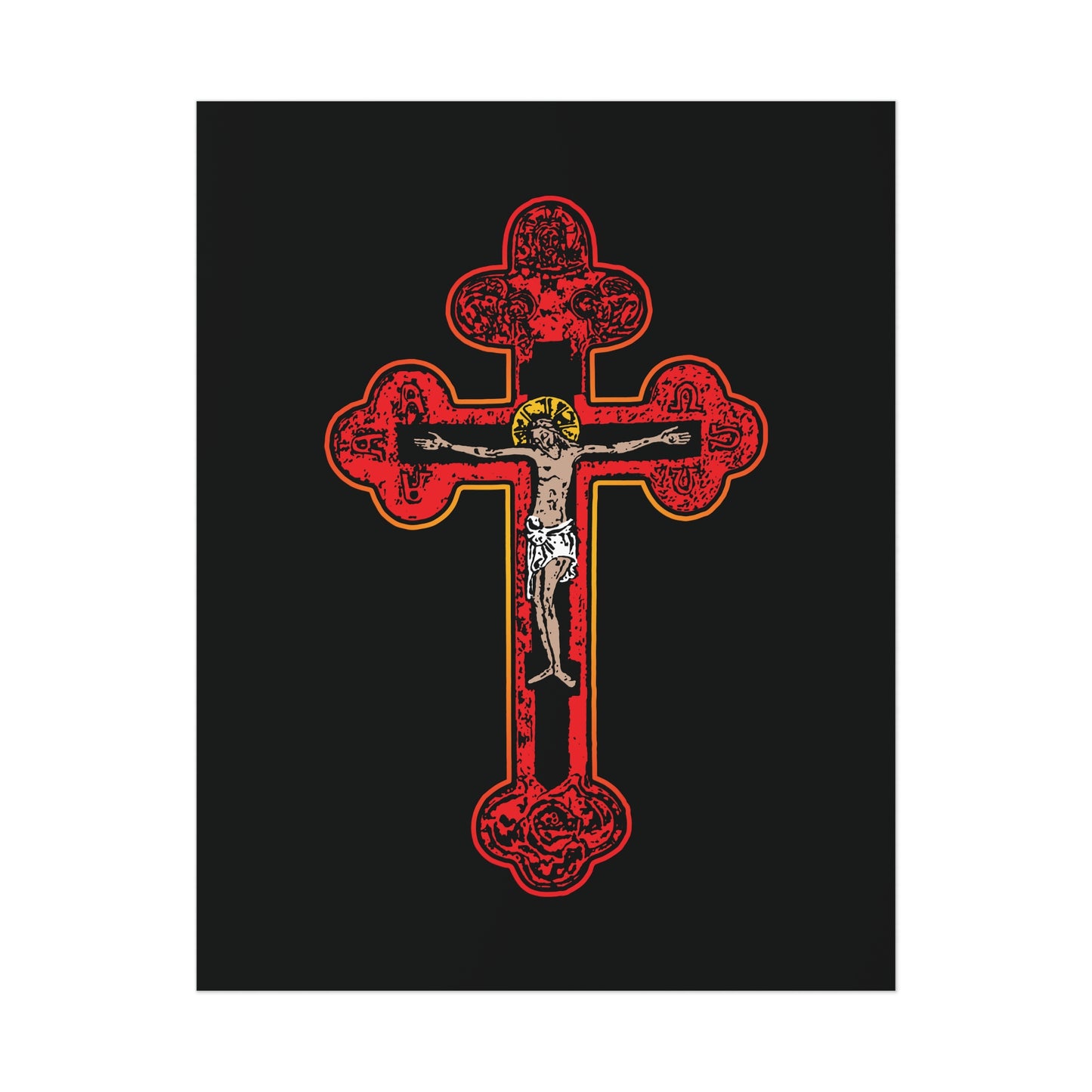 Red Orthodox Christian Crucifix | Byzantine Golgotha Cross | Alpha & Omega | I Am Crucified With Christ | Orthodox Art Poster