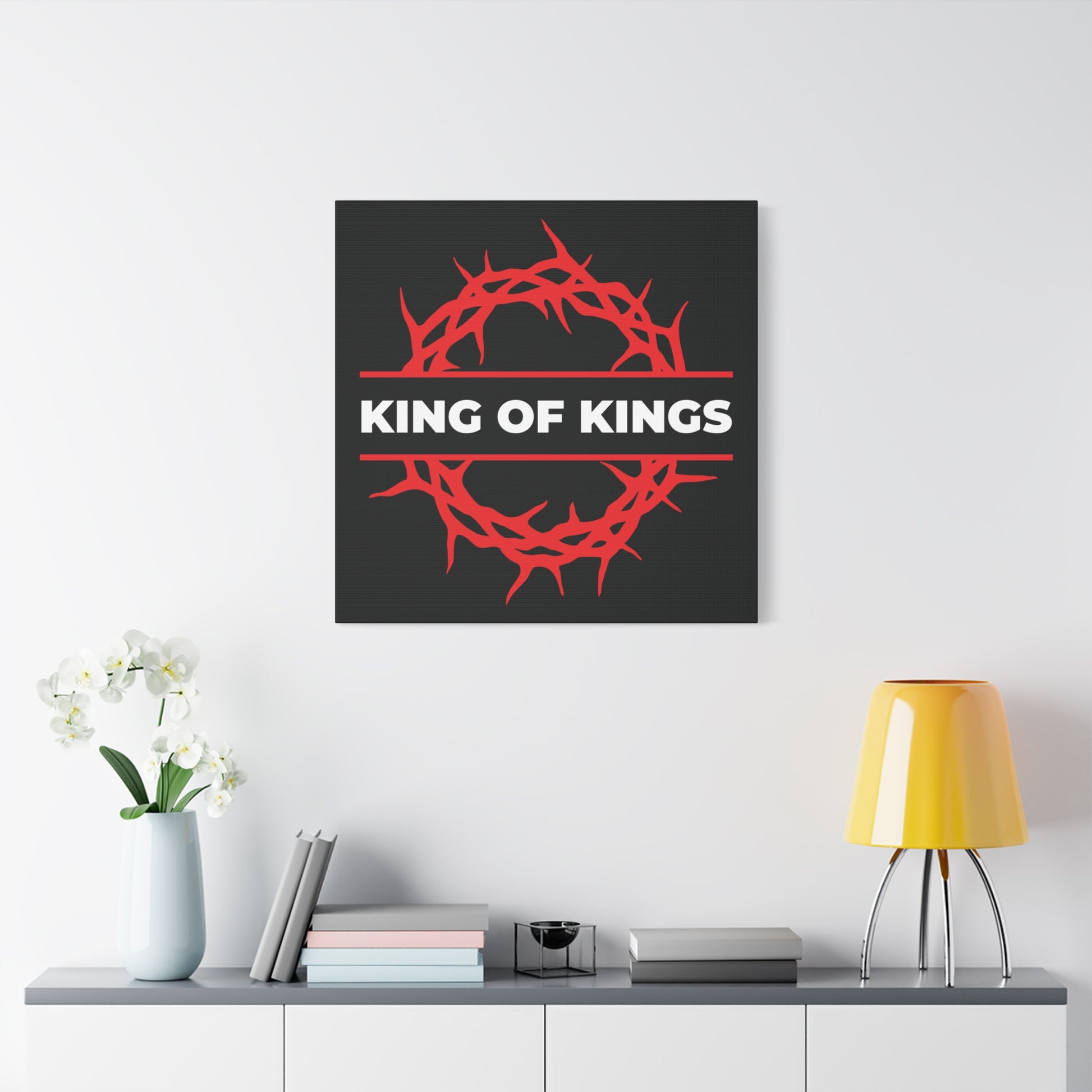 The King of Kings Crown of Thorns | The King of Glory canvas art showcases bold “Christ is King” text and Revelation 19:16 inspiration—a striking modern reminder of faith and power above any sideboard.