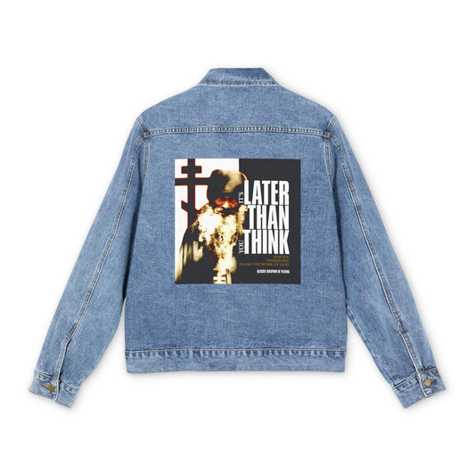 It's Later Than You Think | Fr Seraphim Rose | Photo with Modern Cinematic Poster Typography | Orthodox Christian Blue Denim Jacket