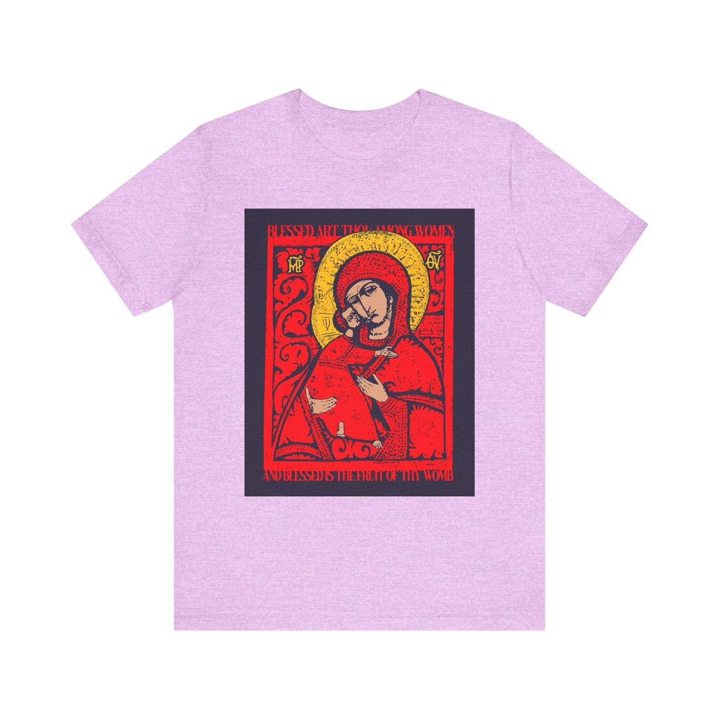 Heather Prism Lilac t-shirt featuring a red and gold graphic of the Theotokos, inspired by the Vladimirskaya icon, printed on the front. Product Name: Vladimir Theotokos IconoGraphic | Blessed Art Thou Among Women | Orthodox Christian Lightweight Cotton Unisex T-Shirt.