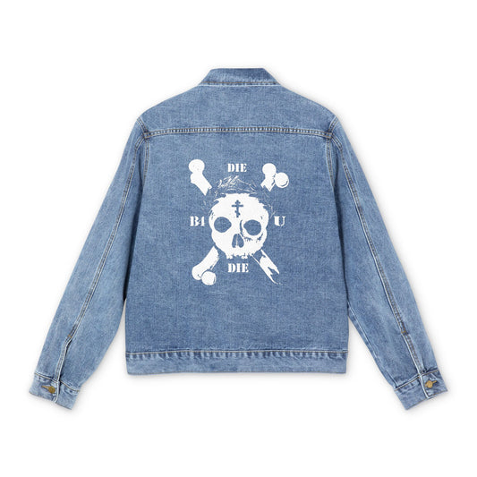 Medium denim wash jean jacket featuring a retro skull & crossbones, Orthodox cross, laurel victory wreath, and "Die Before You Die" text—Memento Mori-inspired ascetic Christian design.