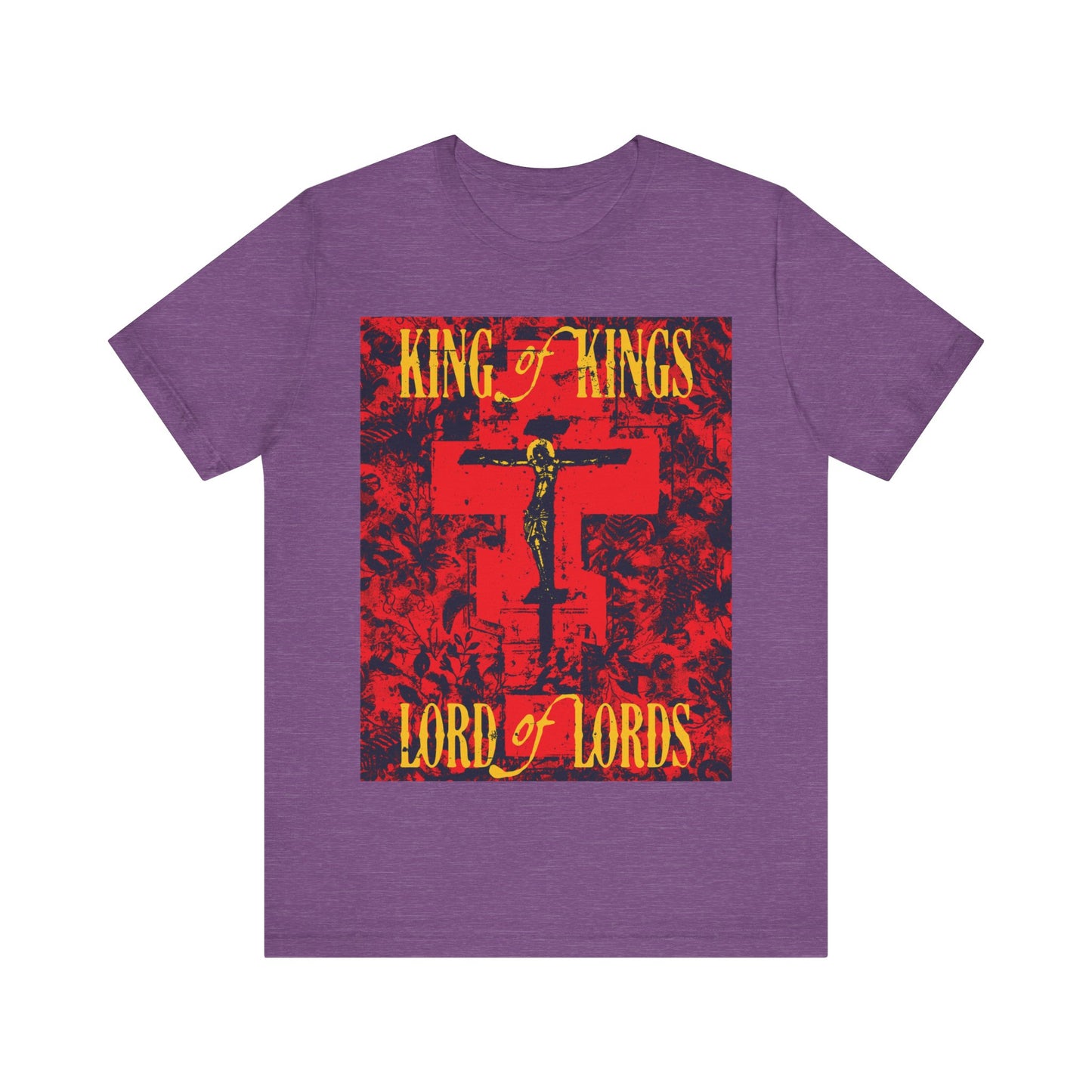 King of Kings, Lord of Lords | Christ Crucified Orthodox Icono-Graphic | Yellow & Red Design | Nature Texture | Lightweight Cotton Unisex T-Shirt