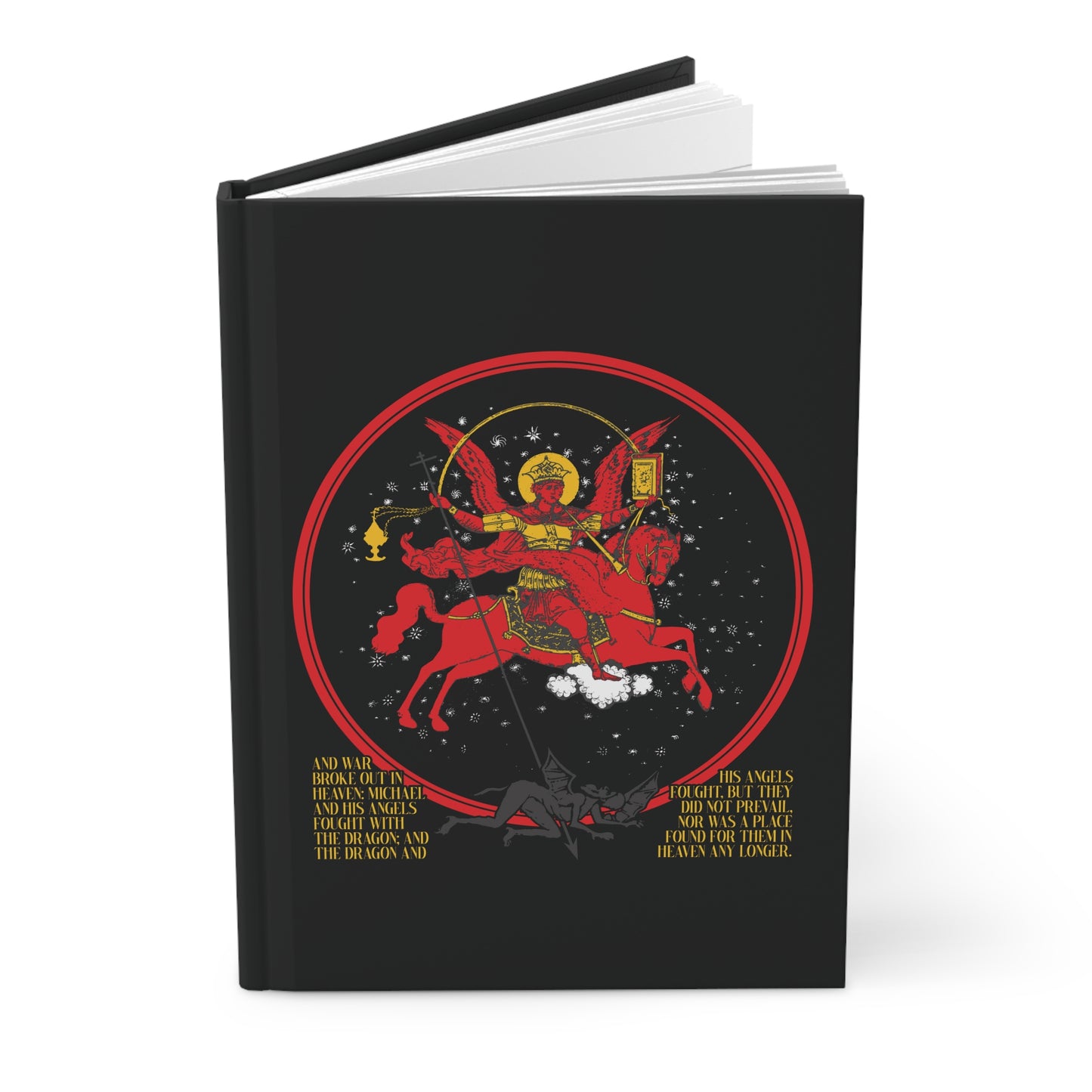 The “Archangel Michael of the Apocalypse Icono-Graphic | War in Heaven (Rev 12:7-9)” black notebook features Michael casting out Satan with gold text and a starry background, inspired by Orthodox Christian tradition.