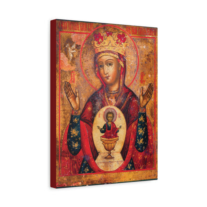 Mother of God of Nicaea Russian Orthodox Christian Icon featuring the Theotokos with raised hands and the child Jesus as Heavenly Bread in a chalice on her chest, set against a gold background; religious canvas sacred wall art.