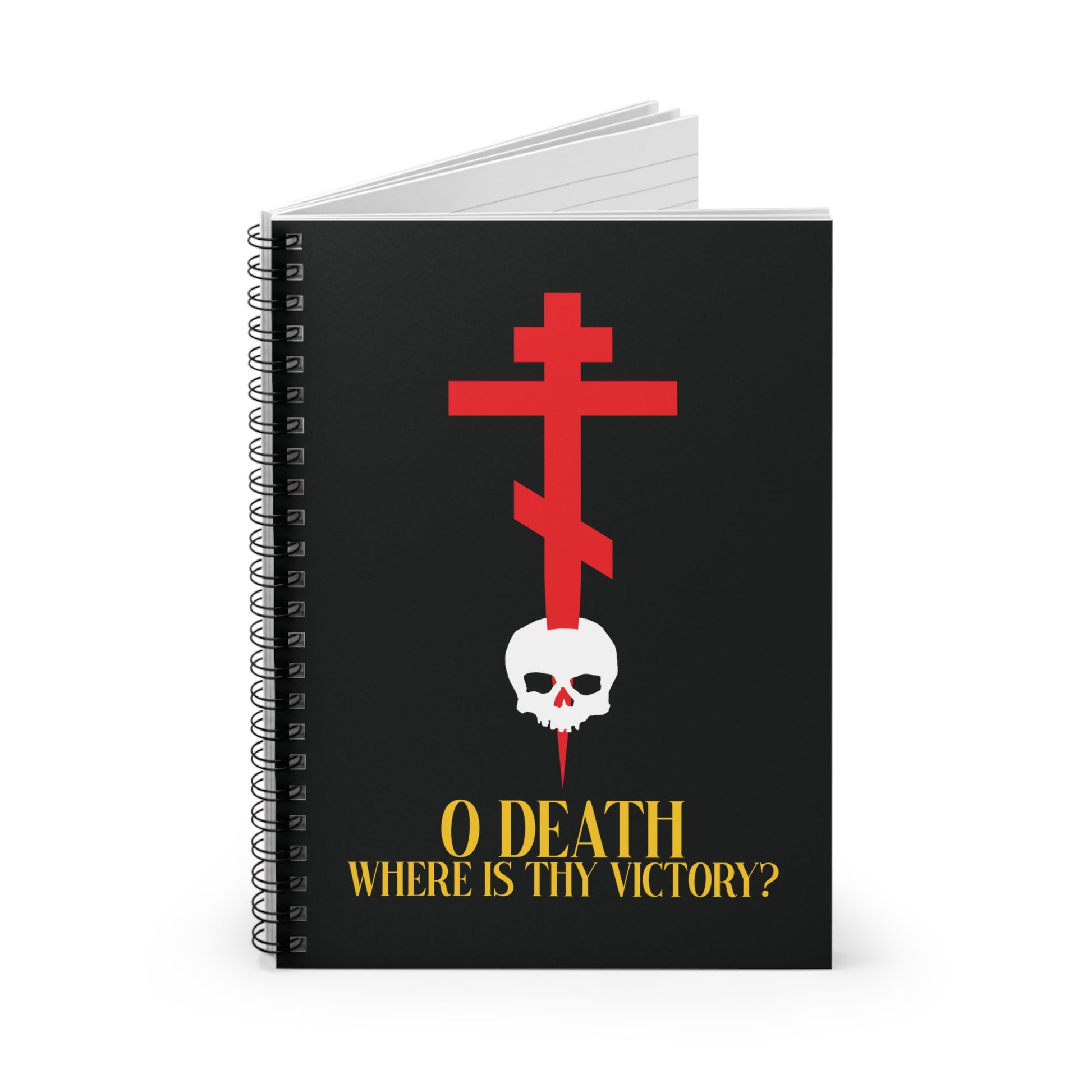 The "O Death Where is Thy Victory? (1 Corinthians 15:55)" Orthodox Spiral Notebook features a red cross stabbing a skull and bold yellow text—a striking reminder of Christ’s Resurrection and triumph over death.