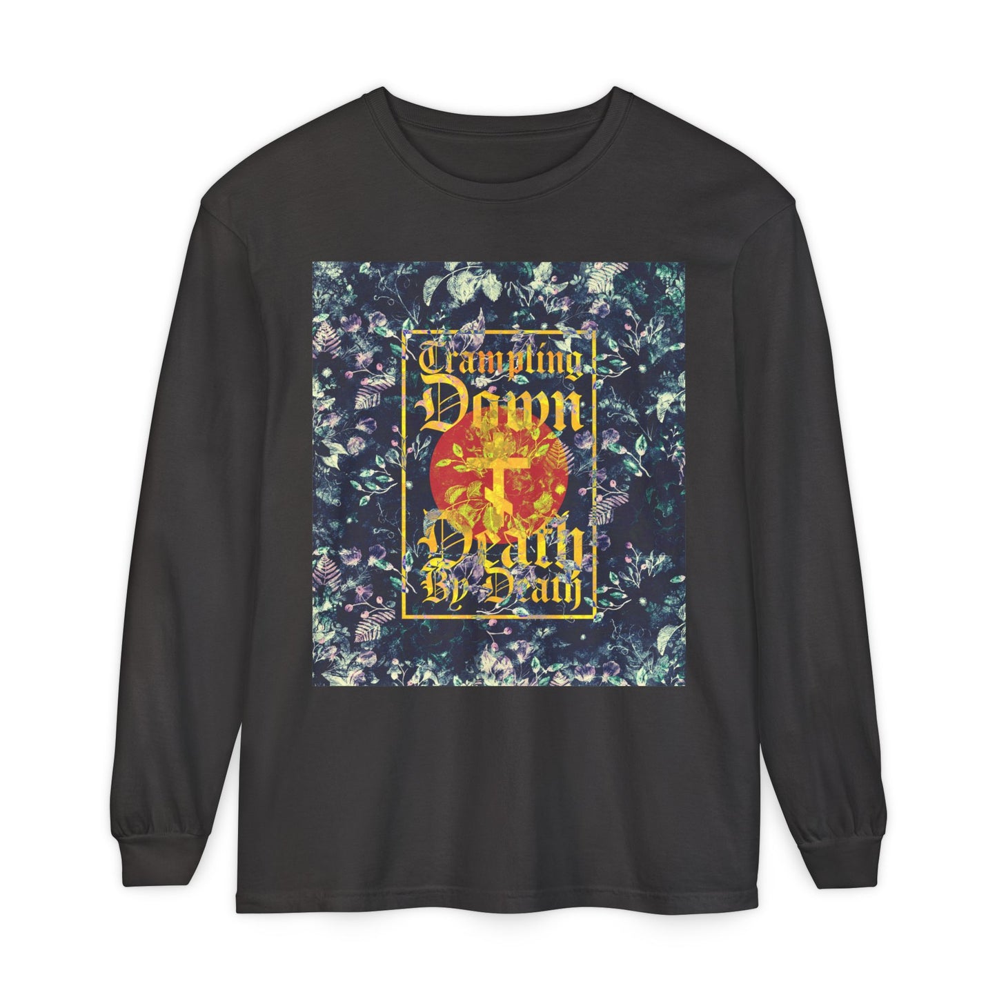 Trampling Down Death By Death | Paschal Floral Design with Gothic Script and Three-Bar Cross | Orthodox Christian Long Sleeve Shirt