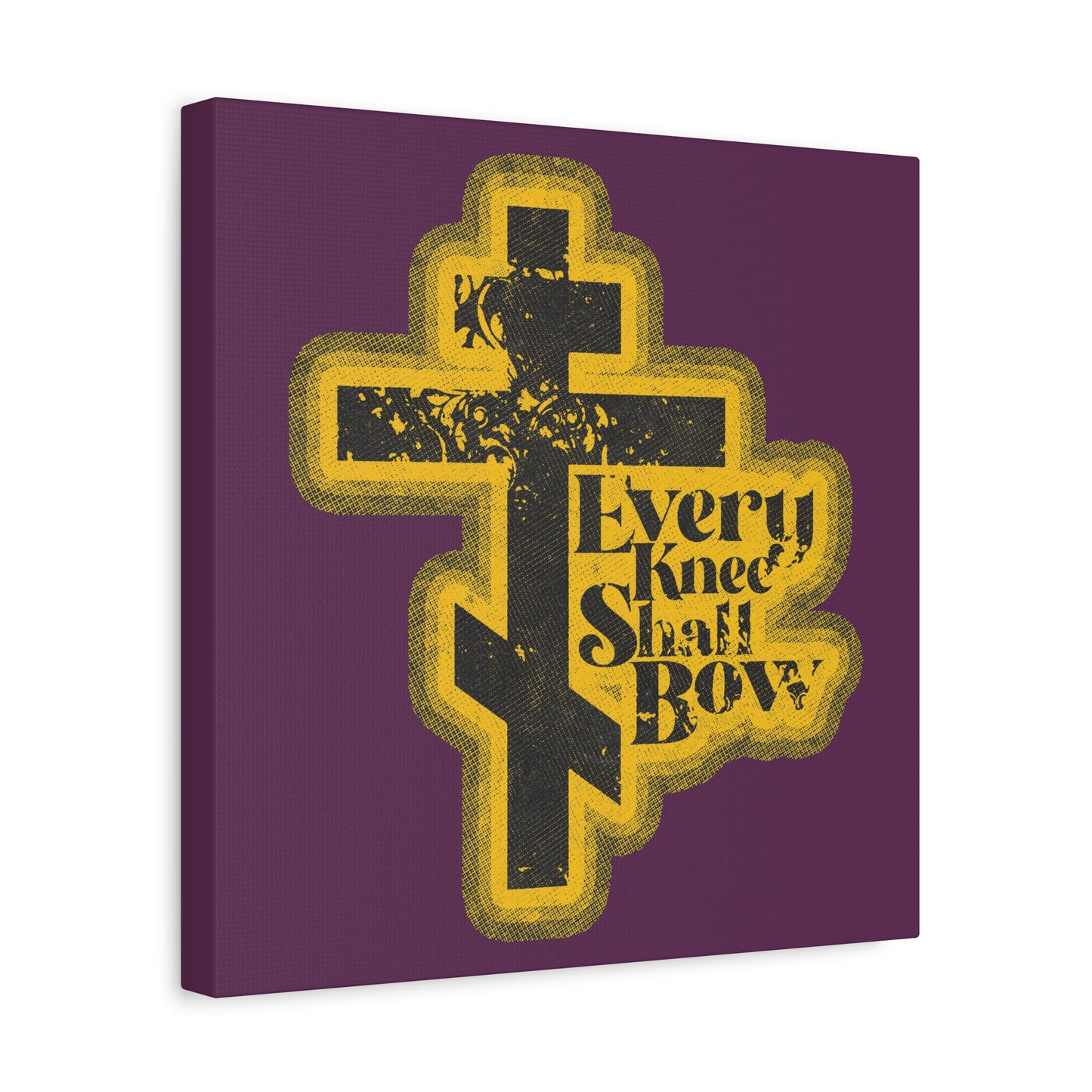 A 70s distressed halftone comic-style Orthodox cross with "Every Knee Shall Bow," inspired by Philippians 2:10-11 & Isaiah 45:23, set on a purple background. Christian wall art.