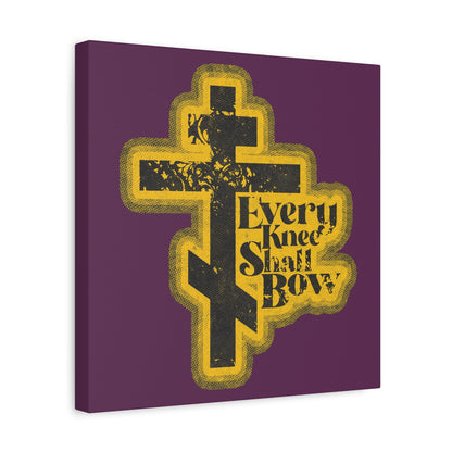 A 70s distressed halftone comic-style Orthodox cross with "Every Knee Shall Bow," inspired by Philippians 2:10-11 & Isaiah 45:23, set on a purple background. Christian wall art.