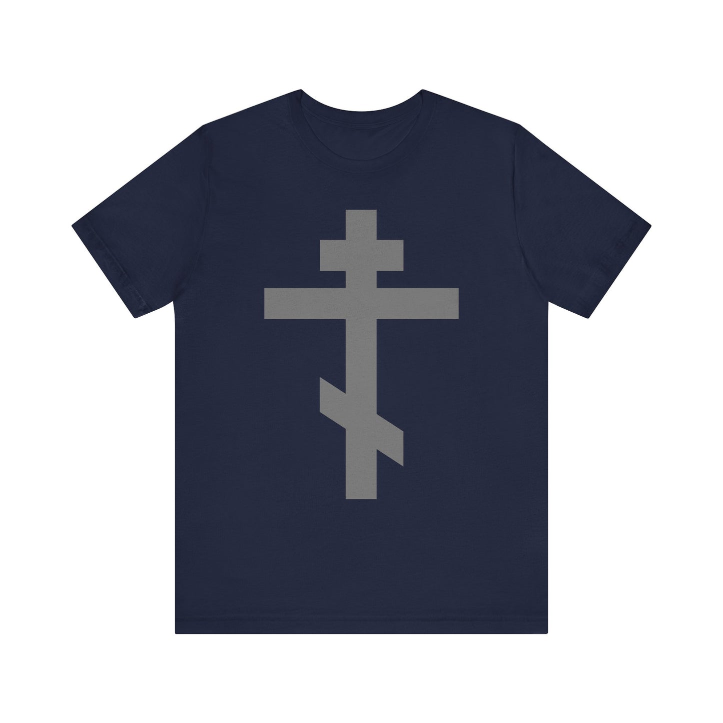 Navy lightweight cotton unisex tee featuring a large light gray Orthodox tribar cross design on the front, inscribed with "Preserve Thy People By Thy Cross, O Lord" and "Christ is King.